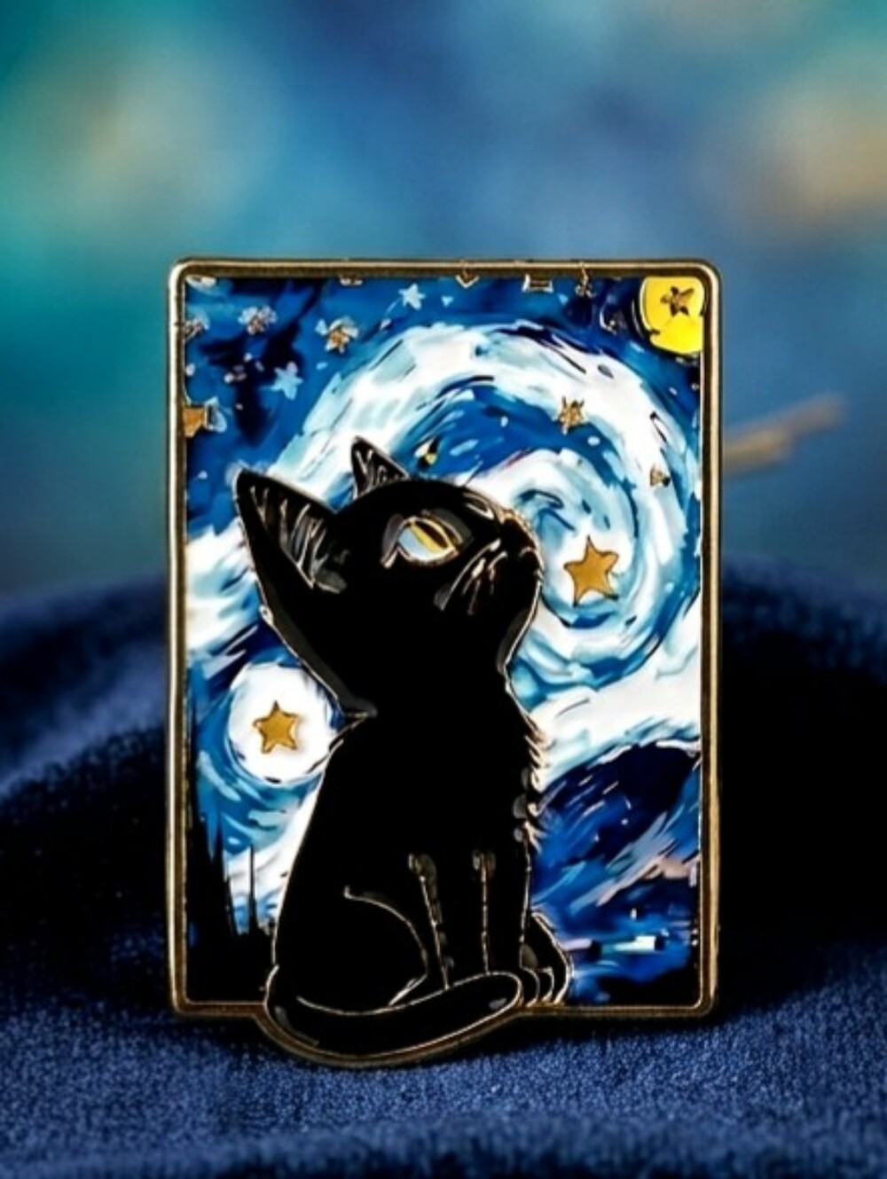 Van Gogh Starry Night Black Cat Enamel Pin, Artistic Cute Animal Lapel Badge